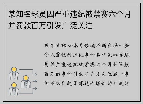 某知名球员因严重违纪被禁赛六个月并罚款百万引发广泛关注 某知名球员因严重违纪被禁赛六个月并罚款百万引发广泛关注